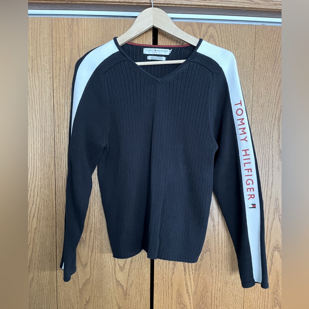 Vintage Tommy Hilfiger V neck sweater w/Tommy down the sleeve. Black /white/red